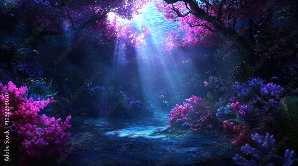Poster a mystical underwater scene illuminated by ethereal light, surrounded by vibrant coral and colorful 