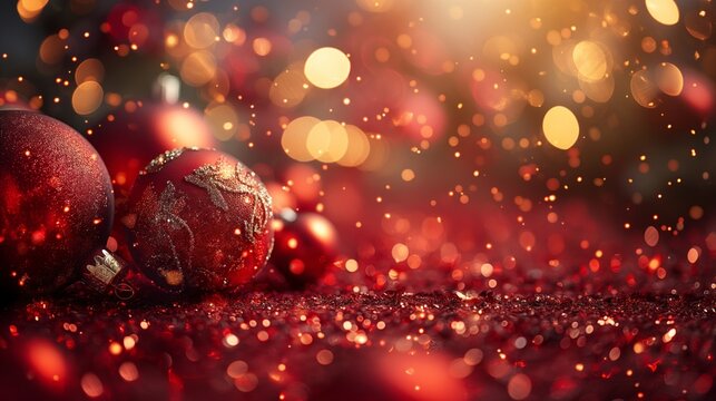 Festive red Christmas ornaments with glitter sparkle under warm bokeh lights create a joyful holiday atmosphere.