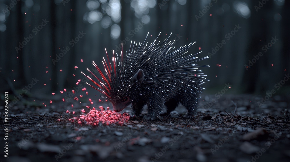 Poster a hedgehog adorned with glowing spikes explores a dark forest, creating a magical atmosphere with bu