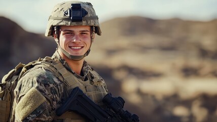 A young male soldier in desert combat gear smiles confidently during a military operation in a desert environment, holding a rifle.