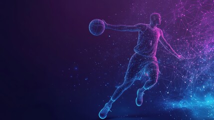 Wireframe basketball player dribbling a ball with glowing lines and pink particles in the background.. Perfect for sports-themed projects or modern designs.