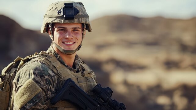 A young male soldier in desert combat gear smiles confidently during a military operation in a desert environment, holding a rifle.