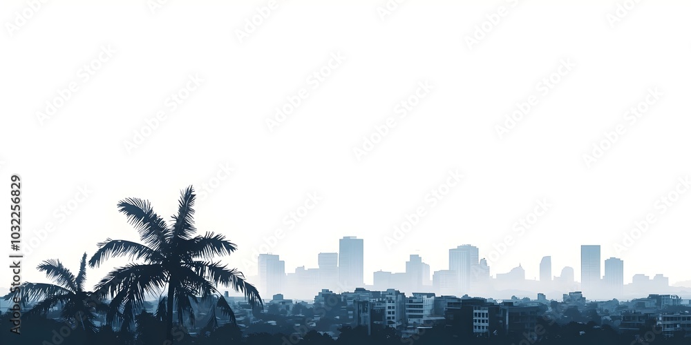 Poster a hazy cityscape with palm trees in the foreground, creating a dreamy and ethereal atmosphere.