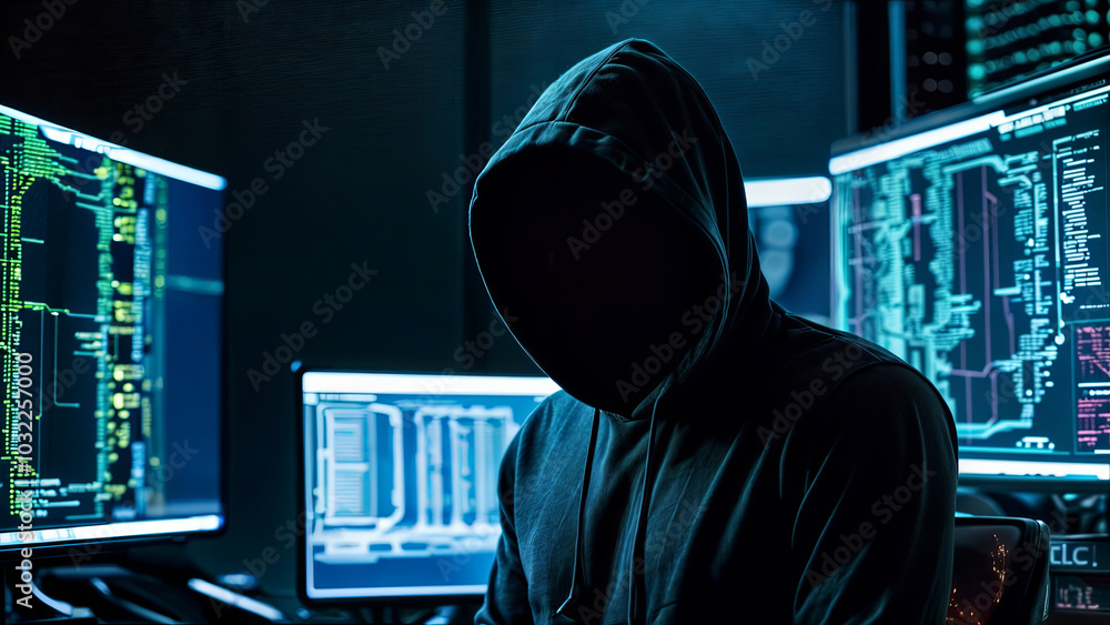 Poster a person wearing a dark hoodie sits in front of several glowing computer screens in a dimly lit envi