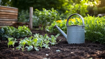 Gardening Tools and Lush Greenery in Backyard Garden