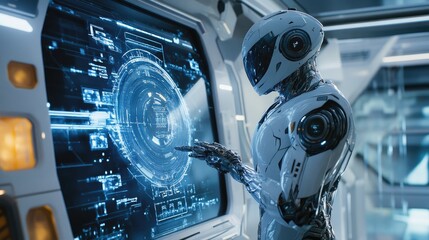 A futuristic robot standing in a high-tech lab, interacting with a holographic display, representing the astonishing future of AI technology