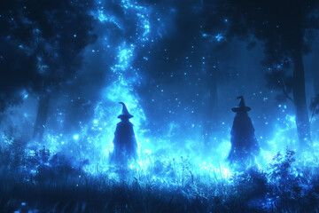 Fototapeta premium group of witches or fairies or Enchantresses or Sorceress in the mystic forest blue glowing background