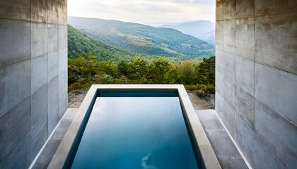 Fototapeta premium Forward-facing modern pool in a villa overlooking the mountain and forest nature, the side walls and ceiling are made of concrete, the interior is minimalist style