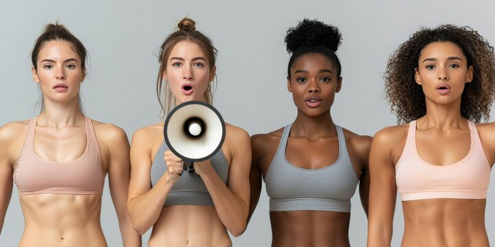 A female fitness trainer in her 30s, using a megaphone to motivate a group, isolated on a neutral background