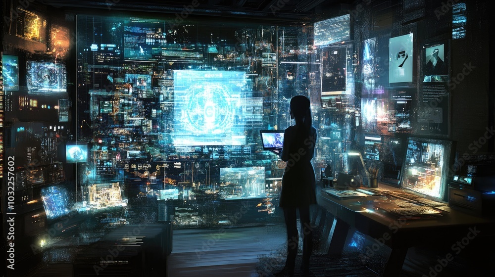 Poster a high-tech room with interactive holograms, advanced ai, and digital interfaces, representing the f