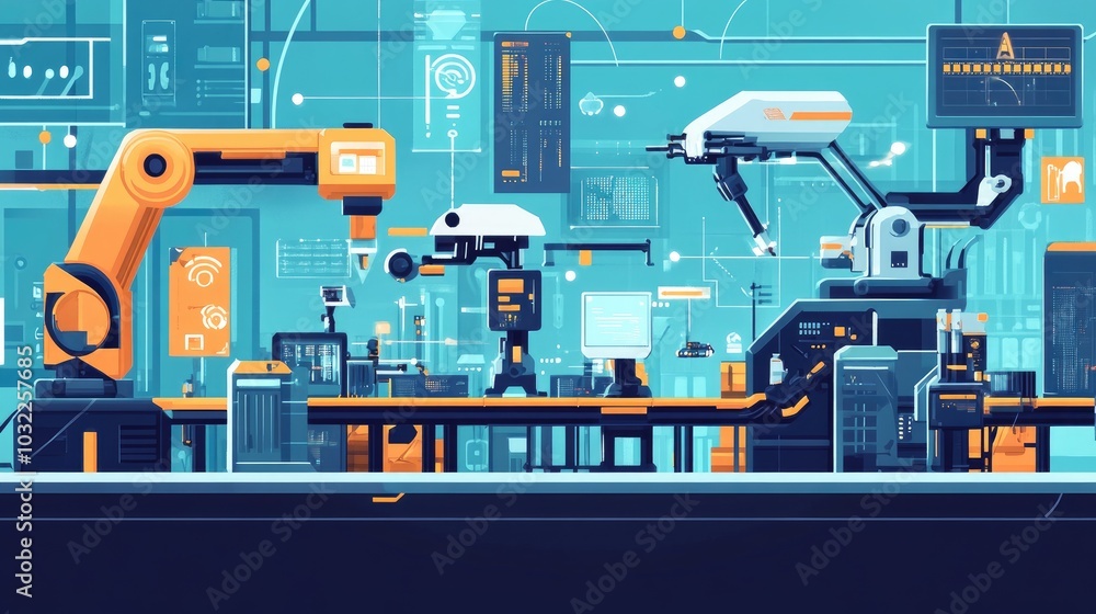 Poster a modern tech hub with robots, drones, and advanced ai systems working in harmony, illustrating the 