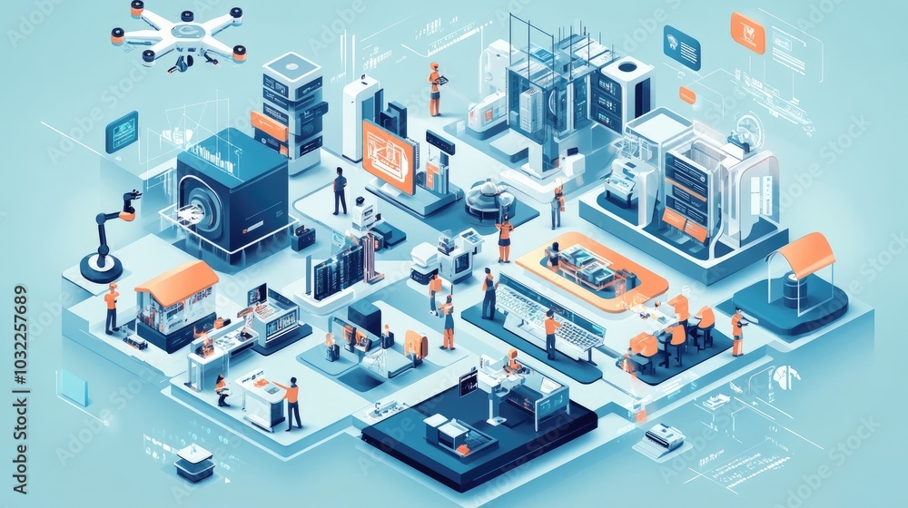 Poster a modern tech hub with robots, drones, and advanced ai systems working in harmony, illustrating the 