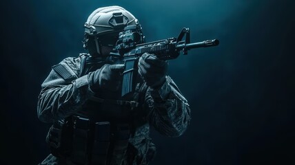 Fototapeta premium A heavily armed tactical soldier aims his rifle in a dark, high-stakes environment, prepared for an intense military operation.