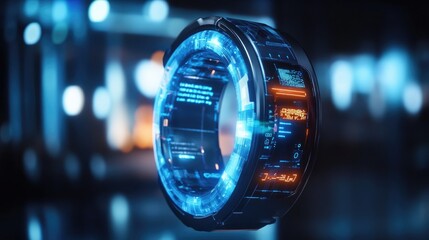 A high-tech wearable wristband projecting holographic data and notifications, showcasing the futuristic innovations in personal technology