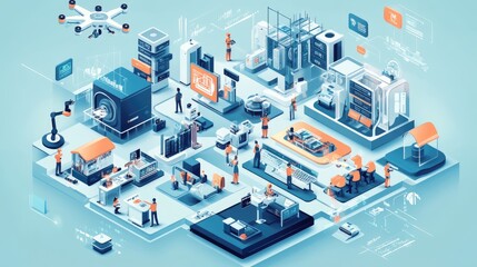 Obraz premium A modern tech hub with robots, drones, and advanced AI systems working in harmony, illustrating the cutting-edge future of technology