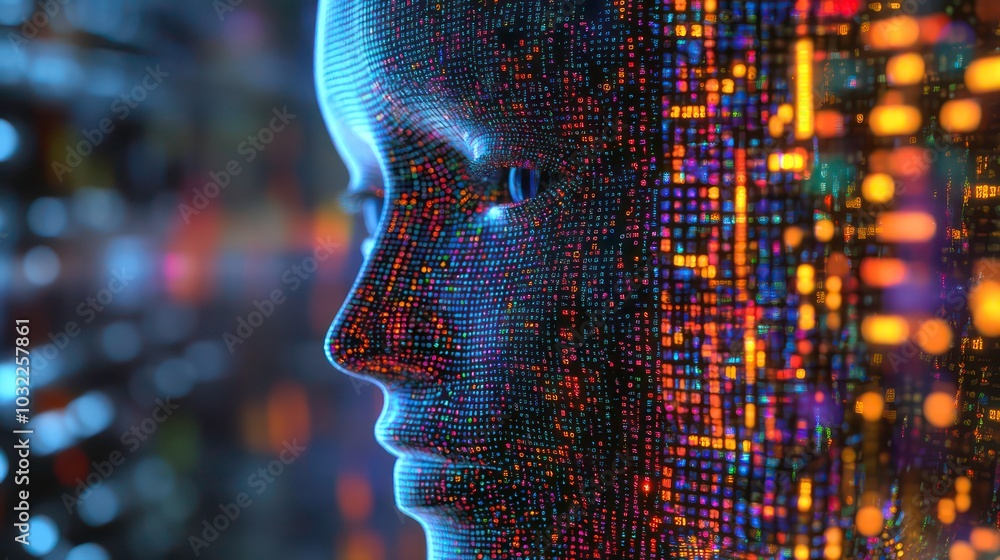 Poster a digital portrait of a female face composed of pixels and code, set against a bokeh background of c