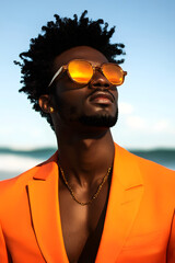 Stylish African American Man Wearing Orange Suit and Sunglasses at the Beach