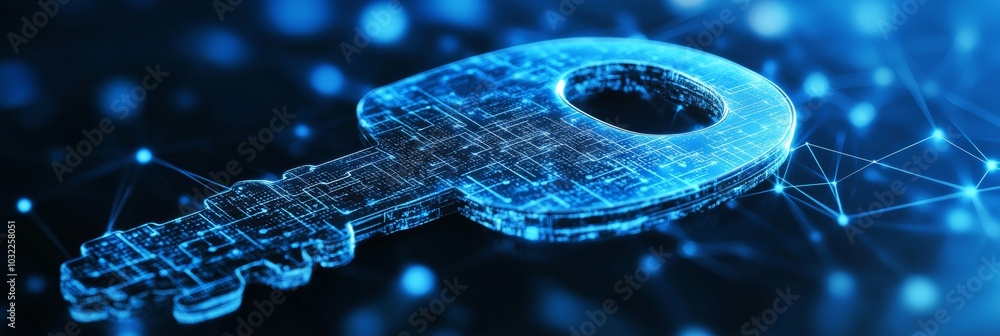 Poster cybersecurity key digital key protecting network connections, symbolizing encryption, data safety