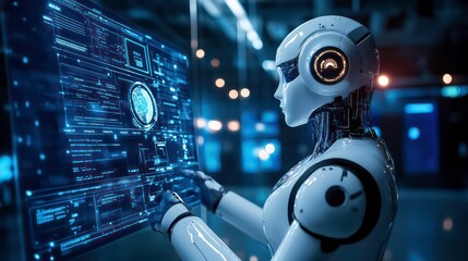 A humanoid robot with white plastic skin and glowing blue eyes interacts with a digital screen filled with data.