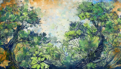 Oil Paint illustration natural forest landscape evokes a peaceful and harmonious feeling, perfect for those seeking connection with the environment