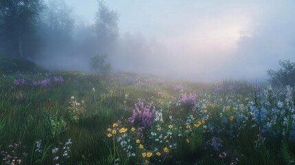 Obraz premium A mist-covered field at dawn, with soft light breaking through the fog, illuminating the dewy grass and wildflowers. 