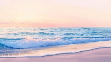 Obraz premium A serene beach with gentle waves rolling onto the shore under a soft pastel sky