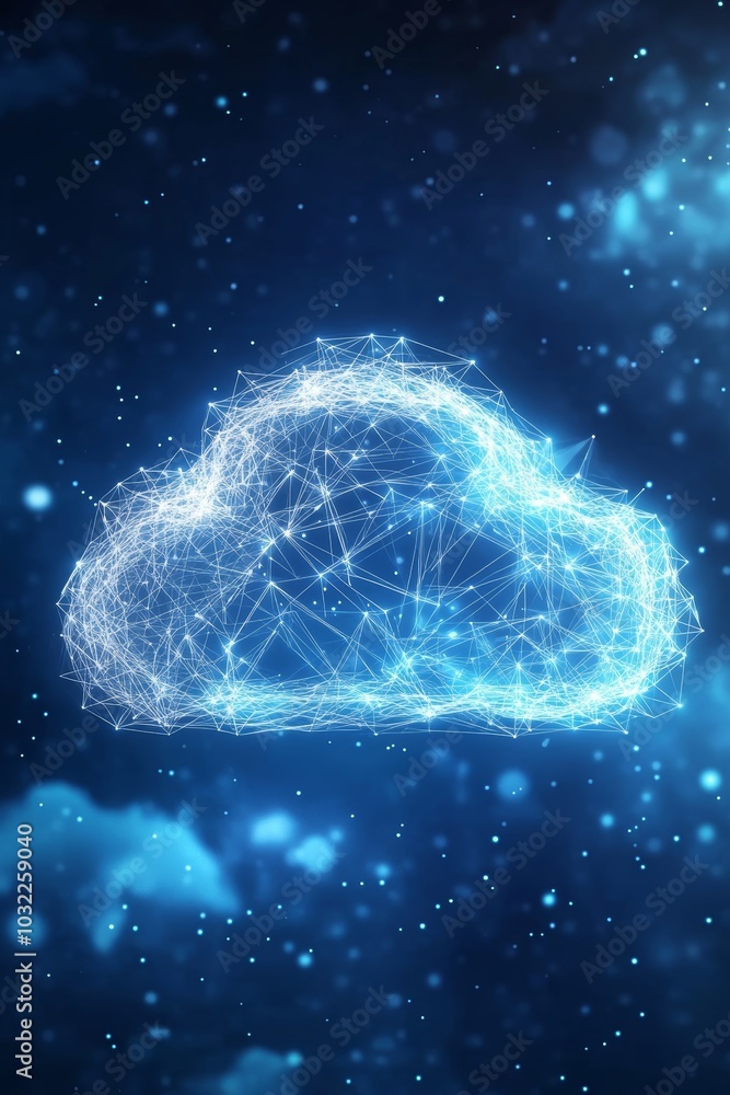 Poster abstract blue glowing cloud computing, big data, network connection concept on dark background.