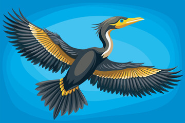 Obraz premium Photo of a majestic bird captured mid-flight with black plumage, white chest/eyes, yellow neck/feet, and a prominent yellow beak, wings spread wide.