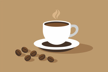 Obraz premium A scene featuring a white coffee cup with beans, steam, and a gradient background, exuding warmth and coziness. Unique cup design with two handles adds to the ambiance.