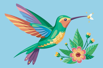 Obraz premium Vibrant green hummingbird with long beak near yellow flower, alongside bee and separate flower in scene, set against light blue background.