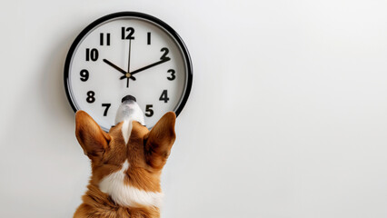 pembroke corgi dog sitting in front of big clock waiting long time impatiently isolated white background