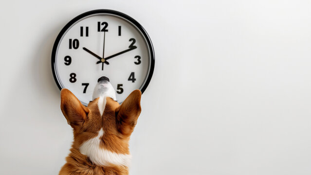 pembroke corgi dog sitting in front of big clock waiting long time impatiently isolated white background