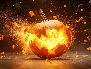 Explosive Halloween Pumpkin Explosion with Fiery Orange Flames and Scattering Debris