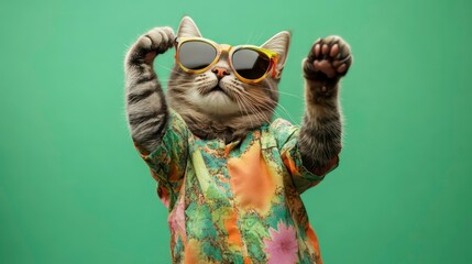 A tabby cat wearing sunglasses and a Hawaiian shirt, paws raised, against a green background.