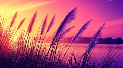 Fototapeta premium Serene Sunset Over Calm Water with Silhouetted Grass