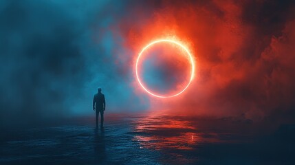 Solitary Figure Gazing at a Glowing Circular Portal in a Foggy, Red and Blue Landscape