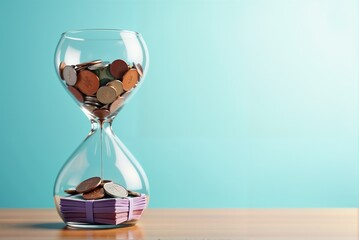 An hourglass which is filled with shiny coins and money sitting on a table