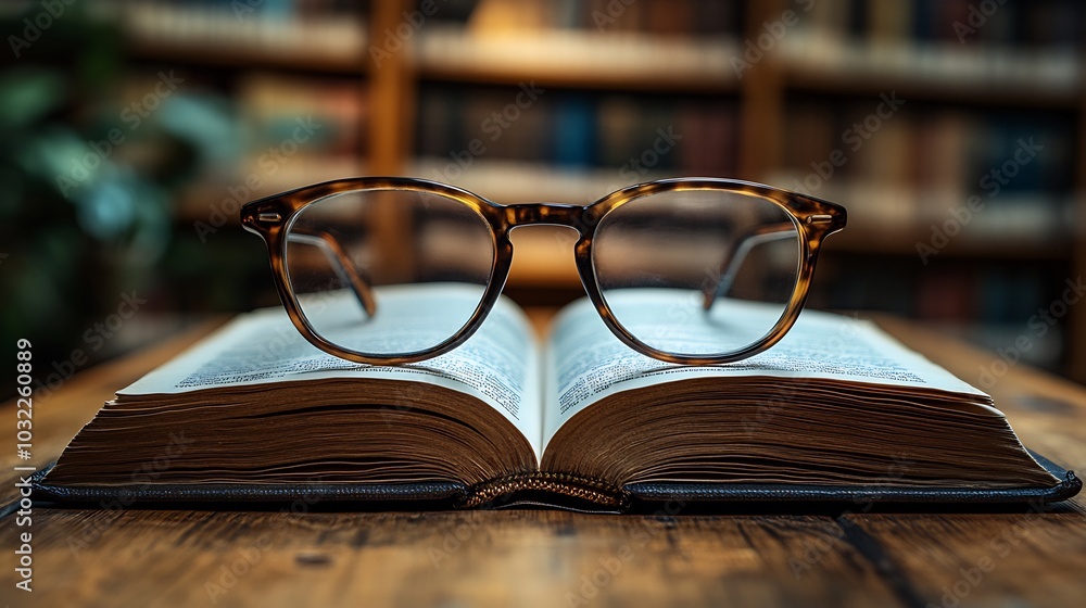 Poster inviting scene featuring an open textbook and glasses on a weathered wooden table surrounded by a bl