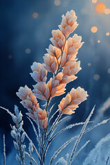A delicate frost-covered plant glistens in soft light, showcasing intricate details and a serene, wintry atmosphere.