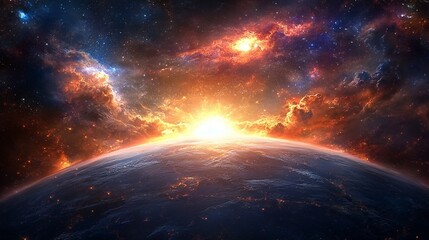 Fototapeta premium Cosmic Sunrise Over Fiery Clouds and Nebula
