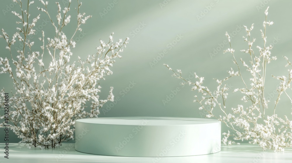 Leinwandbilder a circular pedestal stands in a softly lit space, surrounded by delicate white flowers. the calm lig