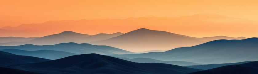 Silhouetted mountains under a vibrant sunset, showcasing layers of hills and a beautiful horizon.