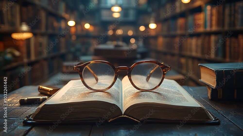 Poster inviting scene featuring an open textbook and glasses on a weathered wooden table surrounded by a bl