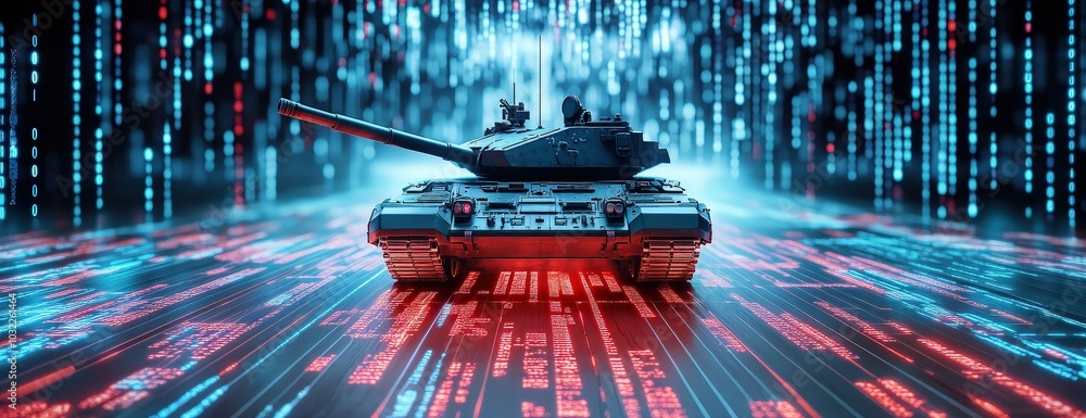 Poster a futuristic tank stands prominently against a digital backdrop filled with data streams, symbolizin