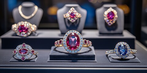 Fototapeta premium Display of various ruby and sapphire jewelry pieces on velvet cushions.