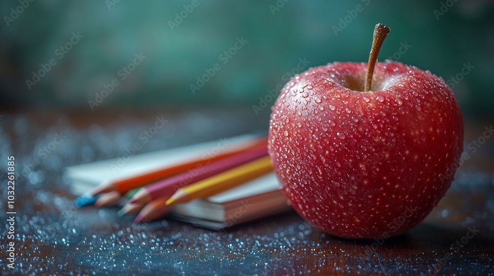 Aufkleber inviting school workspace showcasing a freshly polished apple a blank notebook ready for notes and a