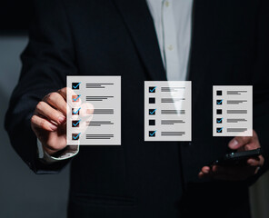 Business Performance Checklist Businessman Using Laptop Doing Online Checklist Survey Marking Checklist Filling Out Digital Checklist