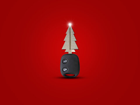 Car Key Christmas concept background. 3d Christmas car key gift concept.