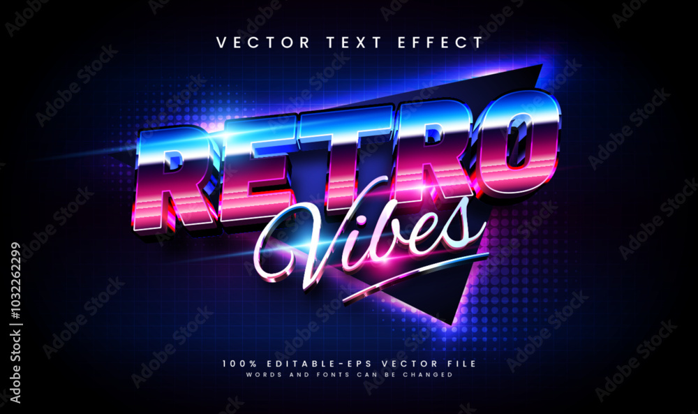 Aufkleber retro vibes glowing theme, editable vector text effect. suitable for night event party.