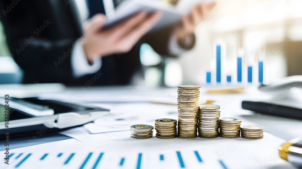 Wall mural Coins stacked in a row on a desk with a blurred background of a person working.